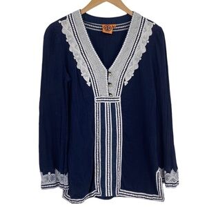 Tory Burch Tunic Blouse Top Womens Size 8 Blue White Lace Long‎ Sleeves V Neck